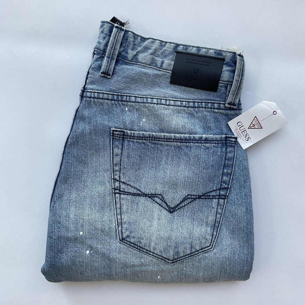 Guess Men’s Slim Straight Jeans Paint Splatter Details Crop Leg Size 32